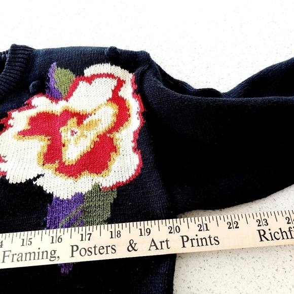 Vintage Cardigan Sweater Floral Bobbled Cable Knit Shoulder Pads Navy Cotton Y2K - Picture 15 of 16